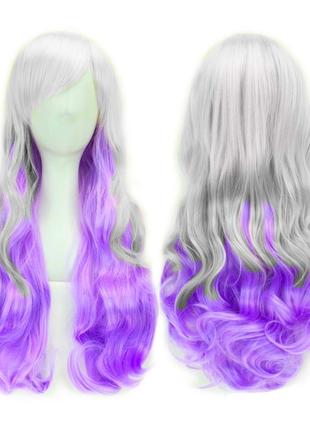 Длинный парик resteq - 60см, серо-фиолетовый, волнистые волосы с косой челкой, косплей, аниме