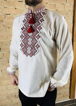 Льняная мужская вышиванка с воротником стойкой на длинный рукав2 фото