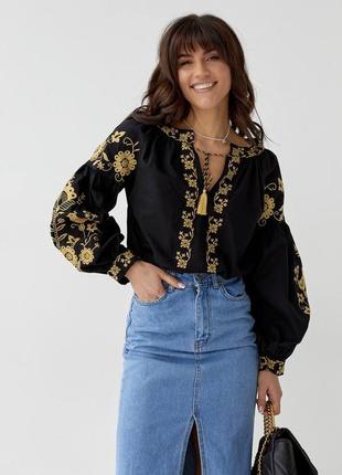 Женская качественная черная украинская вышиванка, вышитая рубашка блуза в цветы3 фото