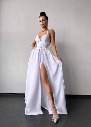 Белое вечернее макси платье с пышной юбкой и разрезом на ножке s m 🖤 вечернее элегантное макси платье премиум 42 44 465 фото