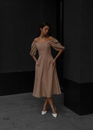Платье миди с открытыми плечами рукава фонарики с имитацией корсета свободное платье черная розовая белая бежевая элегантная вечерняя трендовая стильная