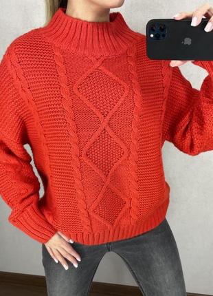 Красный вязаный свитер, размер l