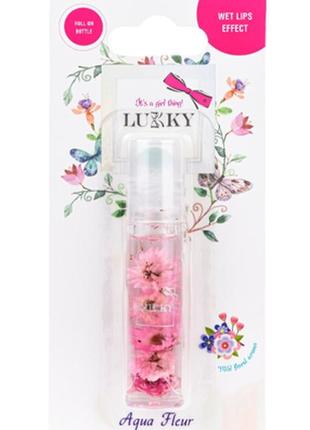 Масло-блеск для губ в ролике lukky aqua fleur с розовыми цветами.