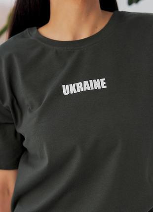 Футболка жіноча парна, бавовняна, патріотична, з українською символікою, Ranaine, хакі1 фото