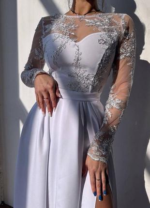 Длинное платье макси с кружевом, платье макси с разрезом и кружевной сеткой, платье в пол, свадебное платье5 фото