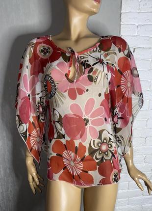 Оригінальна напівпрозора блуза блузка -кімоно у квітковий принт