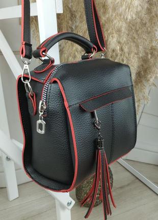 Женский шикарный и качественный рюкзак сумка для девушек из эко кожи черная с красным2 фото