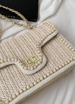 Модная женская соломенная сумка клатч с бусинами, мини сумочка плетеная3 фото