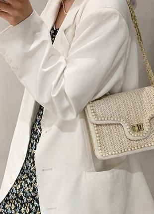 Модная женская соломенная сумка клатч с бусинами, мини сумочка плетеная2 фото