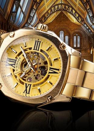 Чоловічий механічний наручний годинник winner skeleton з відкритим механізмом, годинник скелетон золотистий люкс1 фото