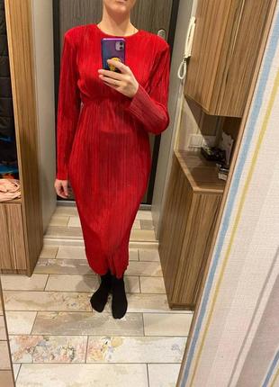 Красное шифоновое платье миди, вечернее елегантное платье с вырезом5 фото