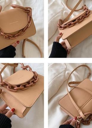 Стильная женская мини сумочка клатч с цепочкой модная и оригинальная сумка через плечо цепь кремовый2 фото