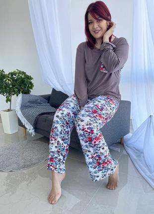 Женская хлопковая пижама кофта + штаны цветы батал plus size4 фото