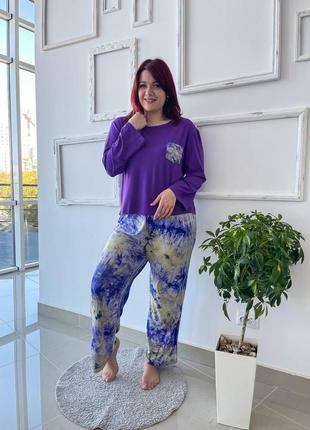 Жіноча бавовняна піжама фіолетова кофта і штани батал