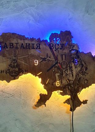 Деревянные настенные часы с подсветкой "авиацыя зсу"3 фото
