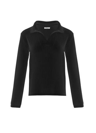 Женский ажурный джемпер поло черного цвета с длинным рукавом10 фото