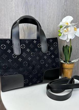 Женская замшевая сумка с тиснением черная, сумочка на плечо из натуральной замши1 фото