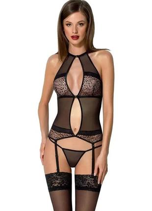 Корсет с пажами passion satara corset s/m black, стринги, кружево, застежки спереди и сзади