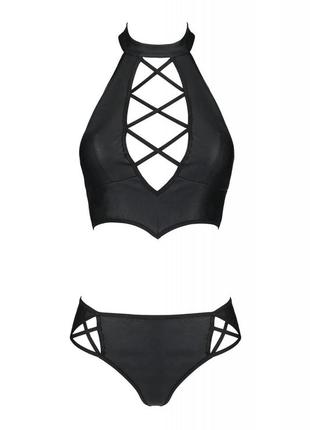 Комплект из эко-кожи nancy bikini black 6xl/7xl - passion, бра и трусики с имитацией шнуровки feromon3 фото