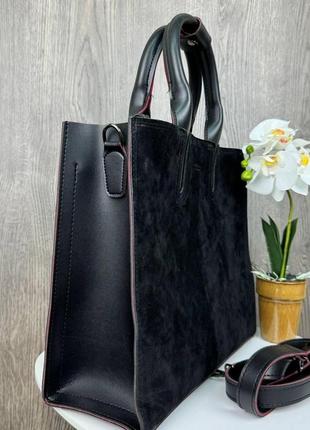 Замшева жіноча сумка велика чорна, жіноча сумочка з натуральної замші та екошкіра2 фото