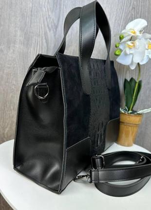 Женская замшевая сумка рептилия черная, сумочка из натуральной замши с тиснением в стиле рептилии крокодил3 фото