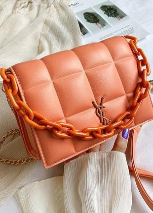 Модная маленькая женская сумочка клатч с цепочкой, черная мини сумка стеганная сумка-клатч женский оранжевый1 фото