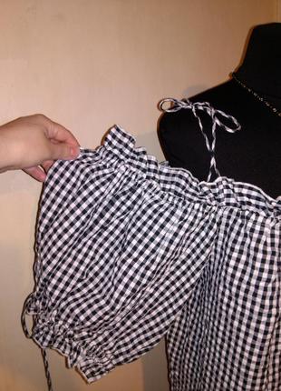 Новая,хлопок,блузка с открытыми плечами и пышным рукавом,клетка, бохо стиль,asos5 фото