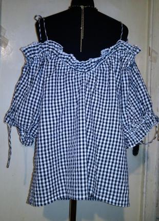 Новая,хлопок,блузка с открытыми плечами и пышным рукавом,клетка, бохо стиль,asos3 фото