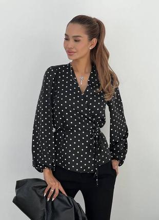 Рубашка шелк шелк шелковая классическая блуза на запах горошек горох пояс защается...