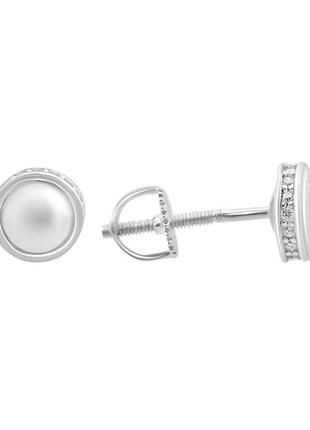 Срібні сережки високої якості з натуральними перлами, фіанітами (2152439)