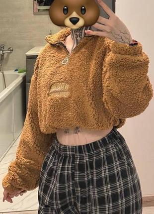 Теплый мягкий пушистый укороченный свитшот тедди теди/ укороченная кофта с молнией под горло🐻 коричневый коричневый коричневый мокко/ белый белый