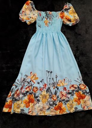 Небесно голубое платье с объемным рукавом цветы!