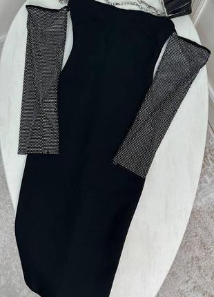 Сукня в стилі ysl чорна відкриті плечі рукава стрази сітка футляр3 фото