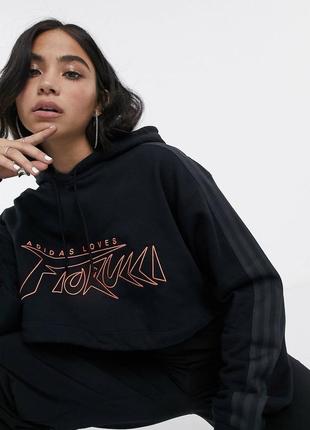 Кофта свитшот укороченный с капюшоном черный adidas fiorucci