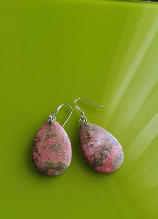 Серебряные сережки, серьги с натуральным камнем унакитом ( унакит, яшма)4 фото