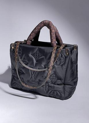 Жіноча сумка шоппер пуфер в стилі louis vuitton  чорна коричнева велика