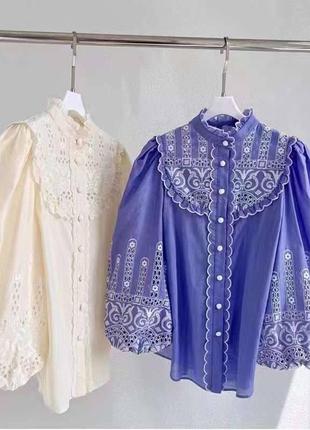 Костюм коттон органза в стиле zimmermann кремовый лиловый шорты блуза2 фото