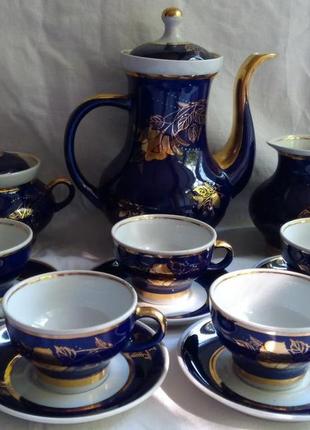 Чайный кофейный сервиз кобальт позолота, роза довбиш, 14 предметов.