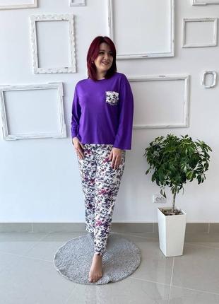 Жіноча бавовняна піжама фіолетова кофта + штани принт квіти6 фото