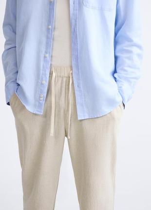 Хлопковые льняные брюки бежевые мужские zara new