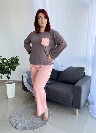 Жіноча бавовняна піжама кофта та штани рожева коричнева