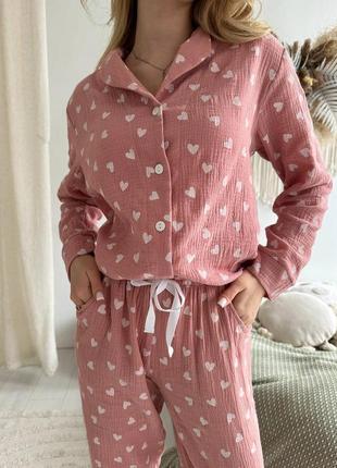 Жіноча муслінова піжама cosy серця (темна пудра) штани+сорочка4 фото