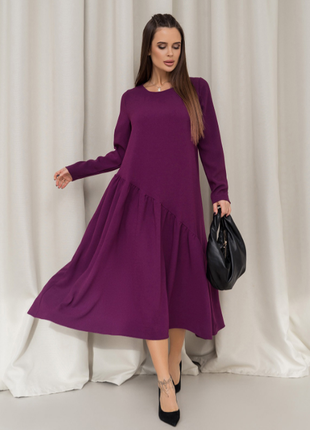 Деловое свободное платье миди разлетайка с асимметричным воланом 5 цветов9 фото
