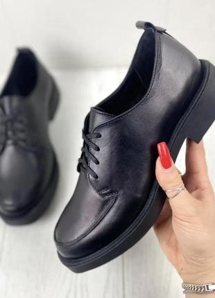 Туфли оксворд из натуральной кожи черные с квадратным носком классика1 фото