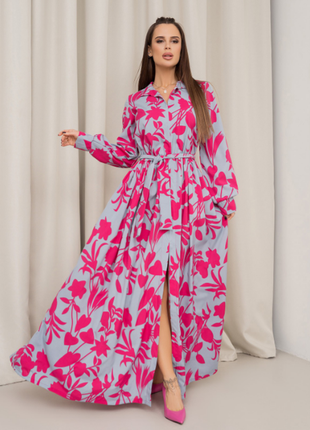 Длинное деловое расклешенное платье макси разрез в цветы 3 цвета3 фото