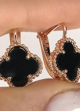 Позолочені сережки чорна конюшина медичне золото тренд подарунок позолоченные серьги черный клевер медзолото подарок