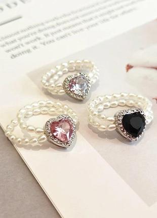 Тренд стильне кільце каблучка перли перлини намистини серце чорний кристал7 фото