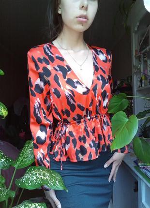 Сатиновая блузка с баской, кроп топ блуза, блузка в звериный принт, кофточка1 фото