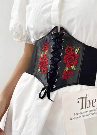 Корсет вышивка женский черный красные цветы шнуровка пояс на завязках на застежках липучка1 фото