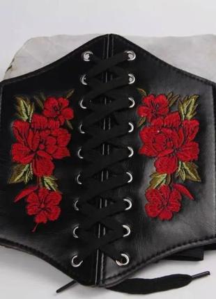 Корсет вышивка женский черный красные цветы шнуровка пояс на завязках на застежках липучка4 фото